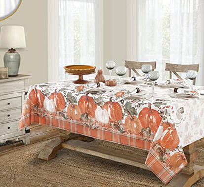 Picture of Newbridge Pumpkin Gingham Country Rustic Bordered Thanksgiving Fabric Tablecloth, Autumn Farmhouse Pumpkin Vine Plaid Easy Care Fall Tablecloth, 60 x 102 Oblong/Rectangle