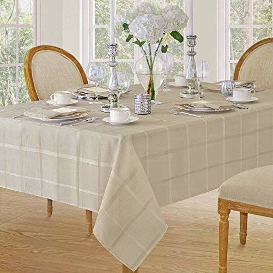 Picture of Elegance Plaid Contemporary Woven Solid Decorative Tablecloth by Newbridge, Polyester, No Iron, Soil Resistant Holiday Tablecloth, 60 X 120 Oblong, Beige