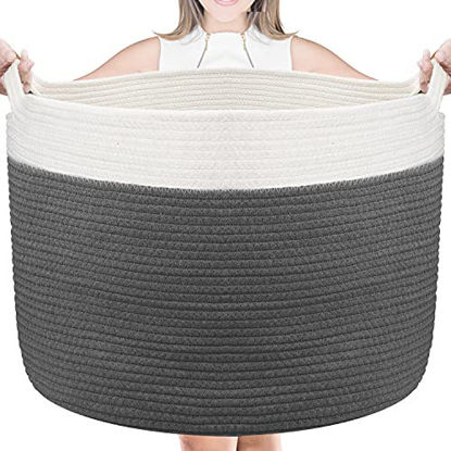 Picture of Large Cotton Rope Basket - 22" x 22" X 14" Blanket Storage Basket, Woven Baby Laundry Basket with Built-in Handles for Blanket Storage, Nursery Basket Soft Storage Bins, White and Dark Gray