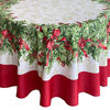 Picture of Newbridge Holly Ribbon Traditions Bordered Christmas Fabric Tablecloth, Boughs of Holly and Berry Ribbon Garland Print Easy Care, Stain Release Tablecloth, 70 Inch Round