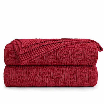 Picture of Longhui bedding Cotton Red Knit Throw Blanket for Couch Sofa Beach Chair Bed Home Decorative Soft Warm Cozy Cable Lightweight Knitted Blankets, 50 x 60 Inch