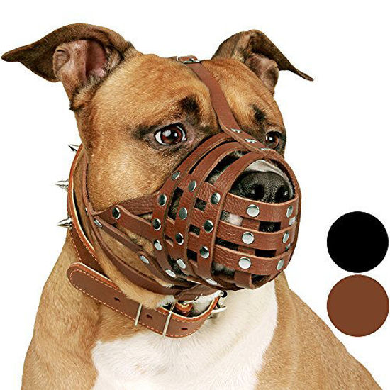 Picture of CollarDirect Pitbull Dog Muzzle Leather Amstaff Muzzles Staffordshire Terrier Secure Basket (Brown)