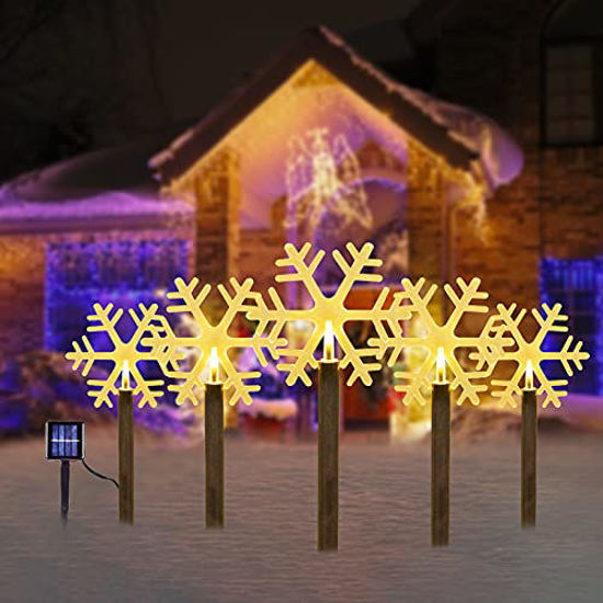 Picture of Bstge Outdoor Solar Garden Lights, 5 Pack Snowflake Christmas Decorations, Waterproof Stake Lights for Patio Yard Pathway