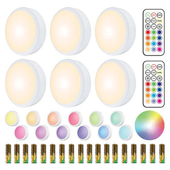 Picture of Puck Lights, 16 Colors Changeable Under Cabinet Lights Battery Powered dimmable LED Puck lightings Wireless Under Counter Lights, with 2 Remote Controls & Timing Function, 18 AA Batteries Included