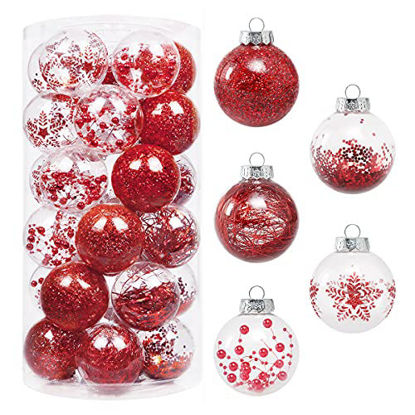 Picture of 70MM/2.76" Christmas Ornaments Set, 30PCS Shatterproof Decorative Hanging Ball Ornament with Stuffed Delicate Decorations, Clear Rustic Xmas Tree Balls for Holiday Party Thankgivings - Red.