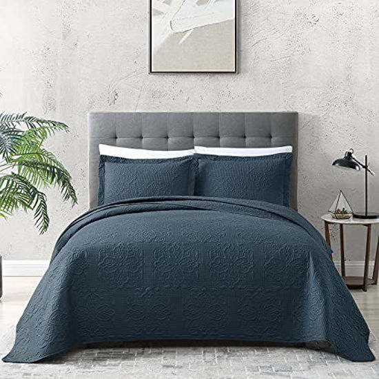 Picture of EXQ Home Quilt Set Twin Size Navy 2 Piece,Lightweight Microfiber Coverlet Modern Style Flower Pattern Bedspread Set(1 Quilt,1 Pillow Sham)