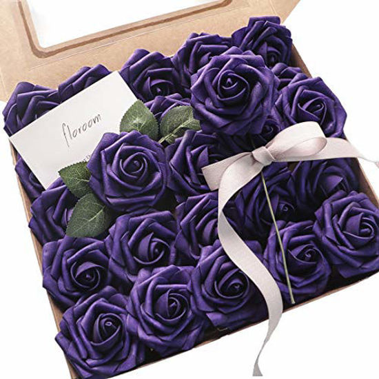 Picture of Floroom Artificial Flowers 50pcs Real Looking Dark Purple Foam Fake Roses with Stems for DIY Wedding Bouquets Bridal Shower Centerpieces Floral Arrangements Party Tables Home Decorations