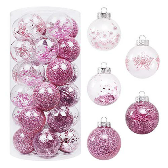 Picture of 70MM/2.76" Christmas Ornaments Set, 30PCS Shatterproof Decorative Hanging Ball Ornament with Stuffed Delicate Decorations, Clear Rustic Xmas Tree Balls for Holiday Party Thankgivings - Pink.