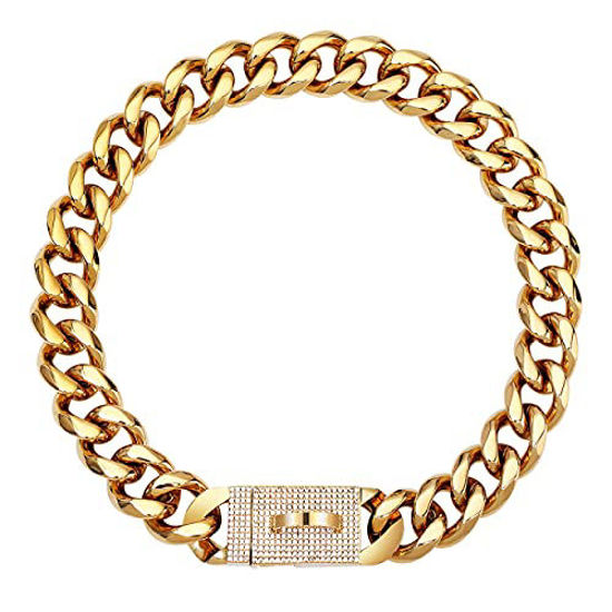 Luxurious 18K Gold Plated Dog Chain Collar with Secure Snap Buckle - Chew  Proof Heavy Duty Fancy Gold Cuban Link Collar for Medium Large Dogs