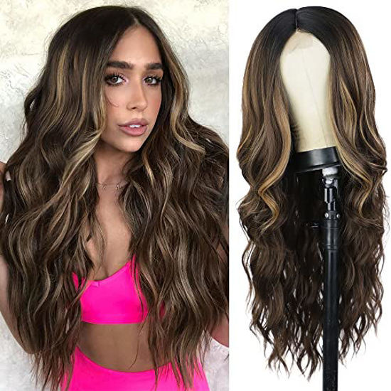 Picture of AISI QUEENS Long Wavy Brown Wig with Highlights Synthetic Curly Middle Part Wigs for Women Brown Mixed Blonde Heat Resistant Hair Wigs For Daily Party Use