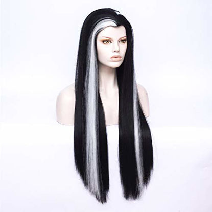 Picture of Morticia Long Straight Black and White Mixed Widow Peak Design Women Costume Wig