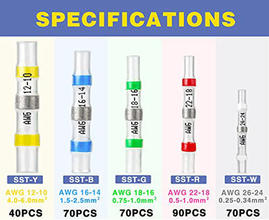 Picture of 340PCS Solder Seal Wire Connectors-haisstronica Marine Grade Heat Shrink Wire Connectors-Butt Splice Wire Terminals for Marine,Electrical with Corrosion and Weatherproof(5Colors/5Sizes)