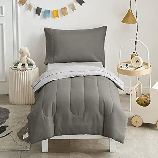 Picture of Uozzi Bedding 4 Pieces Toddler Bedding Set Ultra Soft and Breathable Toddler Sheet Set - Includes Comforter, Flat Sheet, Fitted Sheet and Pillowcase - Dark Gray & Gray