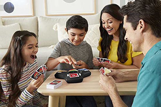 Picture of UNO Triple Play Family Card Game with Card-Holder Unit with 3 Modes, Lights & Sounds & 112 Cards for Kid, Teen, Family & Adult Game Night, Gift for Ages 7 Years & Older