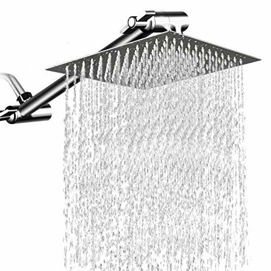 Picture of MeSun 10 Inch Square Rain Showerhead with 11 Inch Adjustable Extension Arm, Large Stainless Steel High Pressure Shower Head,Ultra Thin Rainfall Bath Shower with Easy to Clean and Install - Chrome