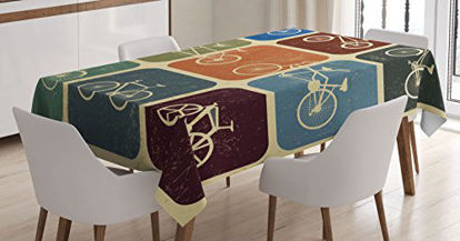 Picture of Ambesonne Vintage Tablecloth, Retro Image Collage of Bicycle Bikes in a Row with Abstract Pattern Colored Art, Rectangular Table Cover for Dining Room Kitchen Decor, 52" X 70", Soft Beige