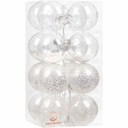 Picture of Sea Team 100mm/3.94" Shatterproof Clear Plastic Christmas Ball Ornaments Decorative Xmas Balls Baubles Set with Stuffed Delicate Decorations (16 Counts, White)