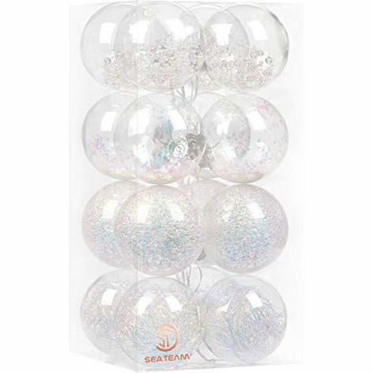 Picture of Sea Team 100mm/3.94" Shatterproof Clear Plastic Christmas Ball Ornaments Decorative Xmas Balls Baubles Set with Stuffed Delicate Decorations (16 Counts, Iridescent)