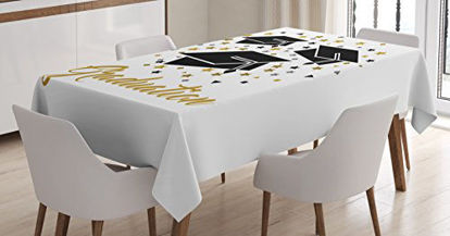 Picture of Ambesonne Graduation Tablecloth, Academy Achievement Bachelor Theme Thrown Caps Tassels Vibrant Stars, Dining Room Kitchen Rectangular Table Cover, 52" X 70", Coffee Black