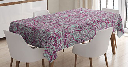 Picture of Ambesonne Purple Tablecloth, Bohemian Style Paisley Leaf with Curly Petal Veins Retro Effect Mandala Plant, Rectangular Table Cover for Dining Room Kitchen Decor, 52" X 70", Turquoise Purple