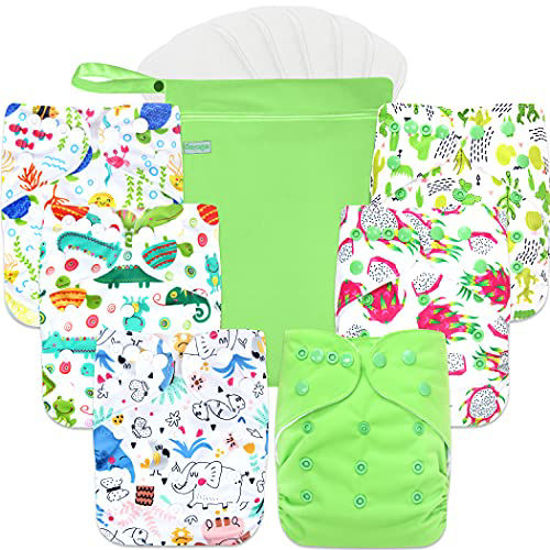 Picture of wegreeco Washable Reusable Baby Cloth Pocket Diapers 6 Pack + 6 Bamboo Inserts (with 1 Wet Bag, Plant, Elephant)