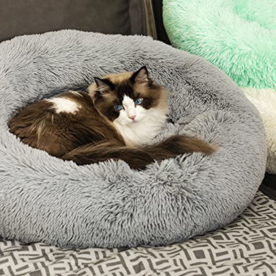 Picture of Raimaiso Anti Anxiety Round Fluffy Plush Faux Fur Warm Washable Dog Bed & Cat Bed, Original Bed for Small Medium Large Pets,Used to Relieve Joints and Improve Sleep20"/24"/27'' (24", Light Grey)