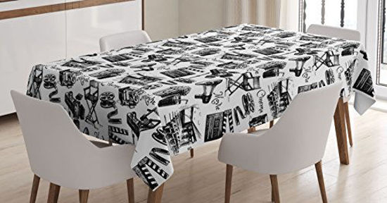 Picture of Ambesonne Movie Tablecloth, Vintage Film Cinema Motion Camera Action Record Graphic Style Print, Rectangular Table Cover for Dining Room Kitchen Decor, 52" X 70", White Black