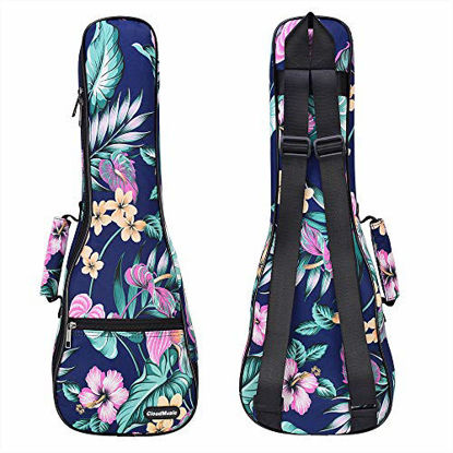 Picture of CLOUDMUSIC Ukulele Case Water Resistant Waterproof Ukulele Backpack Hawaiian Hibiscus Flowers For Soprano Concert (Concert, Flowers in dark blue)
