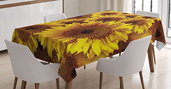 Picture of Ambesonne Sunflower Tablecloth, Vintage Rustic Grunge Sunflowers Field Blooms Botanical Natural Petals, Rectangular Table Cover for Dining Room Kitchen Decor, 52" X 70", Yellow Ginger