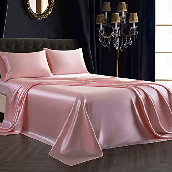 Picture of SiinvdaBZX 4Pcs Satin Sheet Set Full Size Ultra Silky Soft Blush Pink Satin Full Bed Sheets with Deep Pocket, 1 Fitted Sheet, 1 Flat Sheet , 2 Envelope Closure Pillowcases