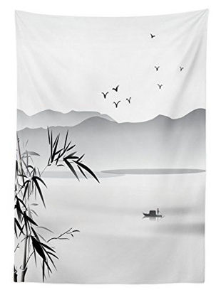 Picture of Ambesonne Asian Tablecloth, Silhouette of Horizontal Mountains and The River with Small Vessel Solitude Theme Art, Dining Room Kitchen Rectangular Table Cover, 52" X 70", Black Grey