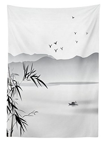 Picture of Ambesonne Asian Tablecloth, Silhouette of Horizontal Mountains and The River with Small Vessel Solitude Theme Art, Dining Room Kitchen Rectangular Table Cover, 52" X 70", Black Grey