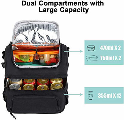 Picture of MIER Dual Compartment Lunch Bag Tote with Shoulder Strap for Men and Women Insulated Leakproof Cooler Bag, Pure Black