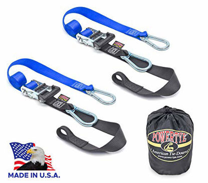 Picture of PowerTye 1.5in x 6.5ft Heavy Duty Ratchet Straps, Made in USA with Soft-Tye and Carabiner Hooks + Storage Bag, Blue/Black (pair)