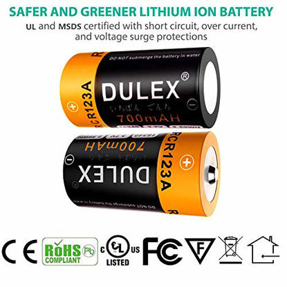 Picture of CR123A Rechargeable Batteries for Arlo, DULEX 8-Pack 700mAH 3.7V RCR123A Lithium ion Batteries Compatible with Arlo VMC3030 VMK3200 VMS3130 3230C 3430 3530 Security Cameras Alarm System