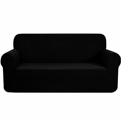 Picture of CHUN YI Stretch Loveseat Sofa Slipcover 1-Piece Couch Cover, 2 Seater Coat Soft With Elastic, Checks Spandex Jacquard Fabric, Medium, Black