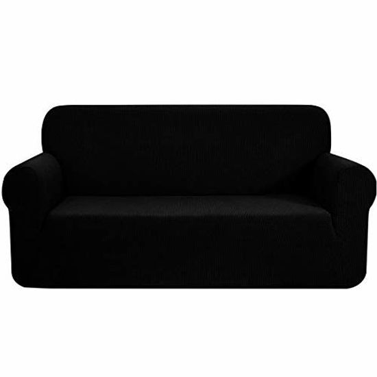 Picture of CHUN YI Stretch Loveseat Sofa Slipcover 1-Piece Couch Cover, 2 Seater Coat Soft With Elastic, Checks Spandex Jacquard Fabric, Medium, Black