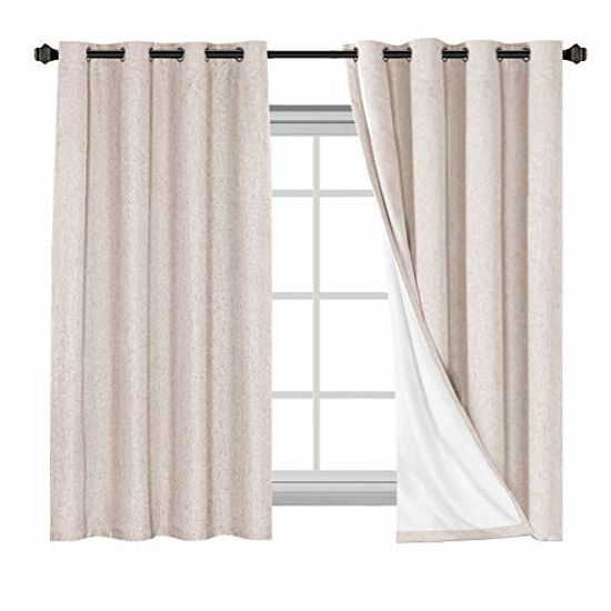 Picture of Linen Blackout Curtains 63 Inches Long 100% Absolutely Blackout Thermal Insulated Textured Linen Look Curtain Draperies Anti-Rust Grommet, Energy Saving with White Liner, 2 Panels, Natural