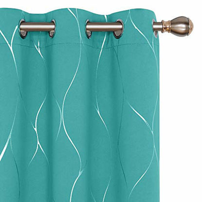 Picture of Deconovo Silver Wave Foil Printed Blackout Curtains, Room Darkening Grommet Curtain, Thermal Insulated Window Drapes for Bedroom (42W x 72L Inch, Set of 2 Panels, Turquoise)