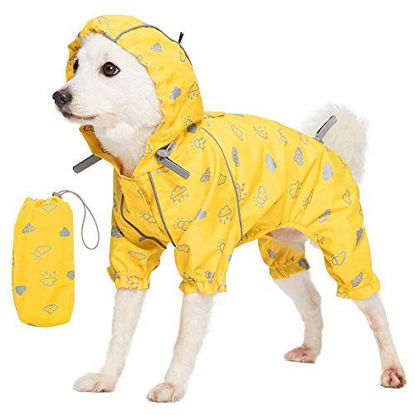 Picture of Blueberry Pet 16" Reflective Cloud Prints Lightweight Waterproof Dog Raincoat with Hood & Harness Hole, Sunflower Yellow, Outdoor Rain Gear Jacket 4 Legs for Dogs