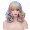 Picture of BERON 14 Inches Rainbow Wig Short Curly Wig Women Girl's Synthetic Wig Rainbow Wig with Bangs Wig Cap Included