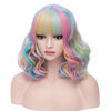 Picture of BERON 14 Inches Rainbow Wig Short Curly Wig Women Girl's Synthetic Wig Rainbow Wig with Bangs Wig Cap Included