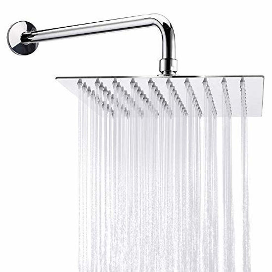 Picture of Rain Shower Head With Extension Arm, NearMoon Square Shower Heads, Large Stainless Steel Rainfall Showerhead-Waterfall Full Body Coverage (8 Inch Shower Head With 15 Inch Shower Arm, Chrome)