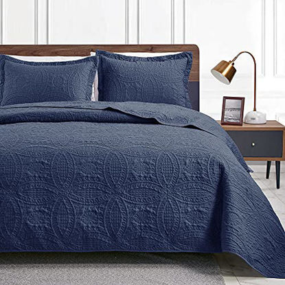 Picture of Love's cabin Quilts for Queen Bed Navy Blue Bedspreads - Soft Bed Summer Quilt Lightweight Microfiber Bedspread- Modern Style Coin Pattern Coverlet for All Season - 3 Piece (1 Quilt, 2 Pillow Shams)