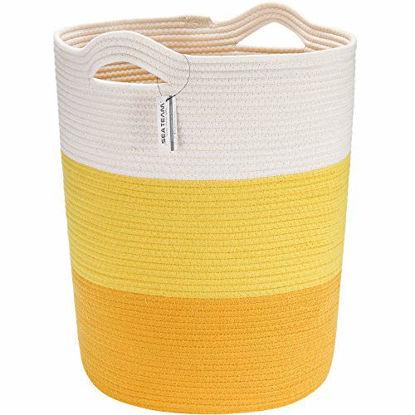 Picture of Sea Team Large Size Cotton Rope Woven Storage Basket with Handles, Laundry Hamper, Fabric Bucket, Drum, Clothes Toys Organizer for Kid's Room, 20 x 14 inches, Round Open Design, White & Yellow