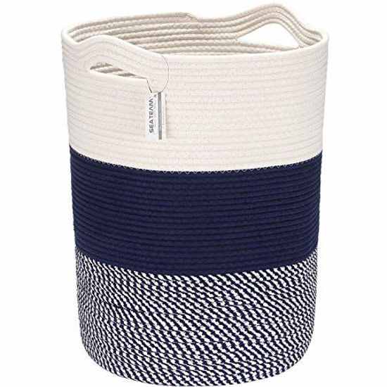 Picture of Sea Team Large Size Cotton Rope Woven Storage Basket with Handles, Laundry Hamper, Fabric Bucket, Drum, Clothes Toys Organizer for Kid's Room, 20 x 14 inches, Round Open Design, White & Mottled Navy