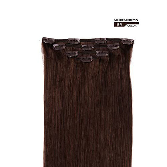 Picture of 16" Clip in Hair Extensions Remy Human Hair for Women - Silky Straight Human Hair Clip on Extensions 55grams 4pieces Medium Brown #4 Color