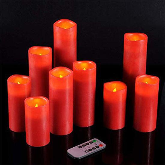 Picture of Hausware Christmas Flameless Candles Battery Operated Candles LED 4" 5" 6" 7" 8" 9" Set of 9 Burgundy Real Wax Pillar LED Candles with 10-Key Remote for Christmas Decorations Clearance