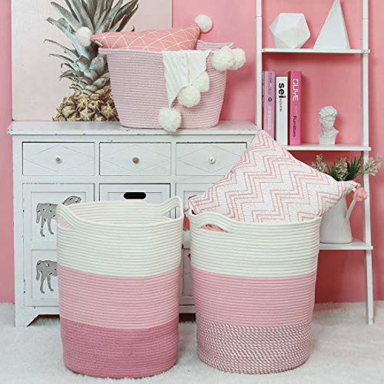 Picture of Sea Team Large Size Cotton Rope Woven Storage Basket with Handles, Laundry Hamper, Fabric Bucket, Drum, Clothes Toys Organizer for Kid's Room, 20 x 14 inches, Round Open Design, White & Pink