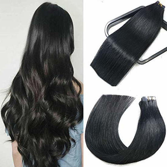 Picture of Tape in Hair Extensions 1 Jet Black 100% Remy Human Hair Extensions Silky Straight for Fashion Women 20 Pcs/Package(18Inch #1 40g)